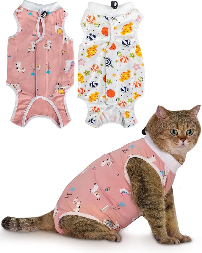 ANWA 2 Pack Cat Recovery Suit - Breathable Cat Onesie for Cats After Surgery Female, Kitten Surgery Recovery Suit Female Abdominal Wounds