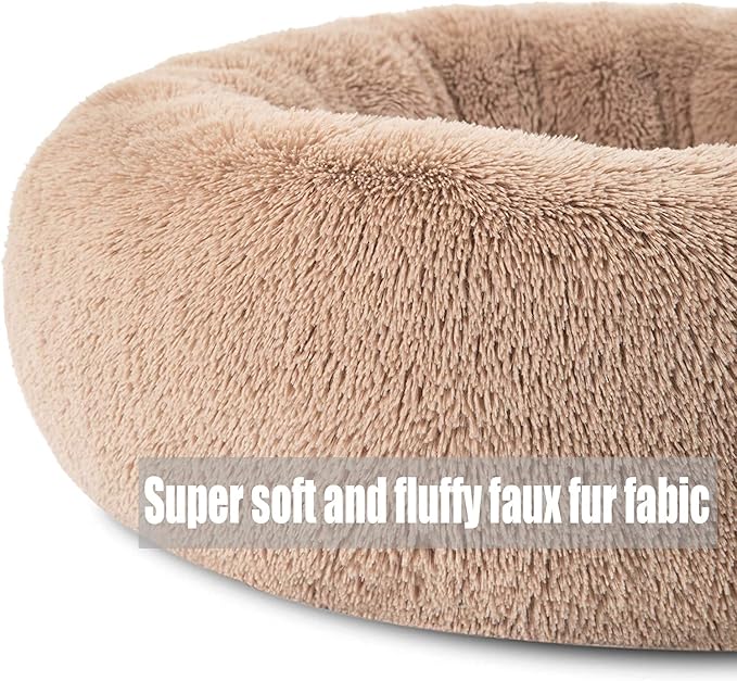 Calming Faux Fur Dog Beds Calming Donut Cuddler Dog Bed Washable Round Cat Bed Pillow Cuddler Fluffy Indoor Dog Calming Beds with Anti Slip Bottom Solid Color Light Grey 27 Inch