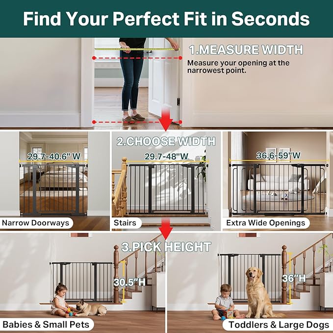 Cumbor 29.7-48" Baby Gate for Stairs, Mom's Choice Awards Winner-Dog Gate for Doorways, Auto Close Safety Pet Gate for Dogs Indoor, Easy Install Pressure Mounted Child Gate with Walk Thru Door, Black