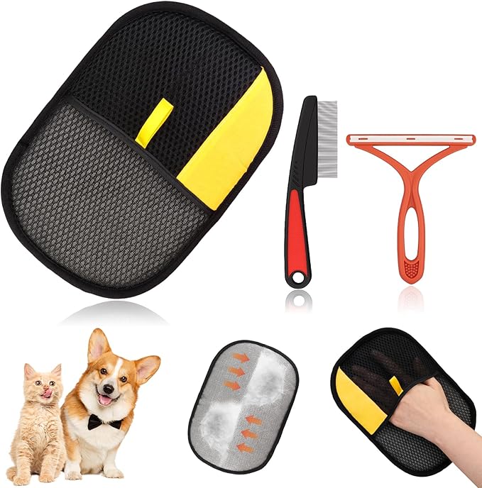 3 Pcs Pet Hair Removal Glove Set, Reusable Electrostatic Pet Hair Remover with Hair Remover Brush and Pet Comb, Upgrade Efficient Cats&Dogs Grooming Gloves for Clothes Furniture Carpet Seat