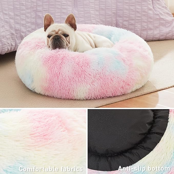 Love's cabin Calming Cat Bed for Indoor Cats,Anti-Anxiety Donut Round Dog Bed,Fluffy Faux Fur Washable Pet Bed for Small Medium Dogs and Cats,Rainbow,20in