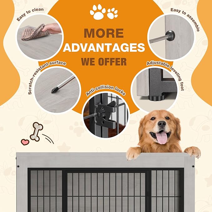 Bigrab Dog Crate Furinture with Thick Cushion, Side End Table Wooden Dog Cage with Double Doors, Chew-Resistant Dog Kennel Dog House Indoor for Small to Large Dog, L (Grey)