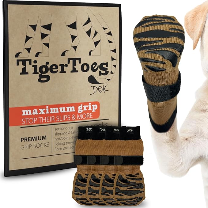 DOK TigerToes Premium Non-Slip Dog Socks for Hardwood Floors - Extra-Thick Grip That Works Even When Twisted - Prevents Licking, Slipping, and Great for Dog Paw Protection (Cool Caramel, Large)