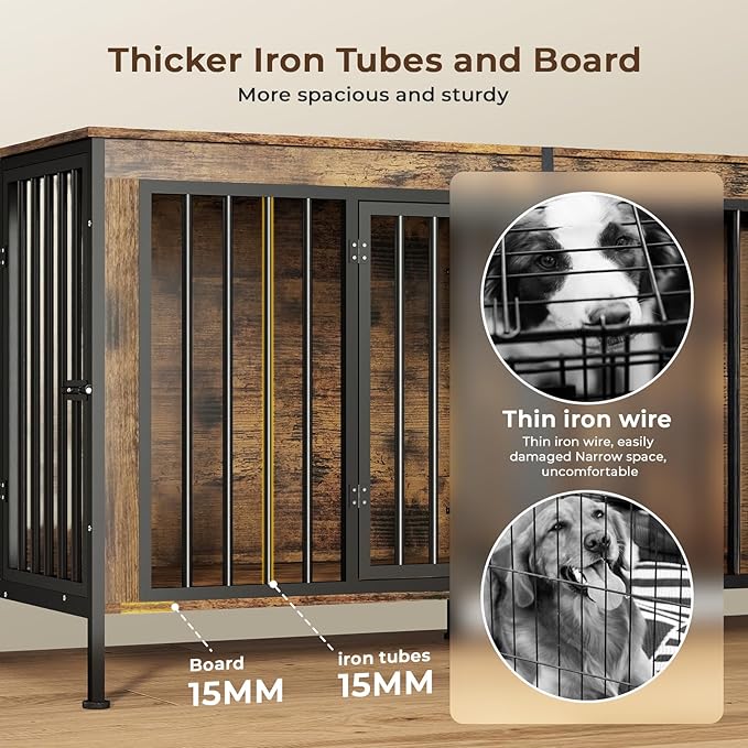 78 Inch Dog Cage Furniture for 2 Large/Medium Dogs with Removable Divider, Extra Large Double Doors Dog Kennel, XXL Thick Wooden Dog cage Furniture, Durable and Sturdy, Brown