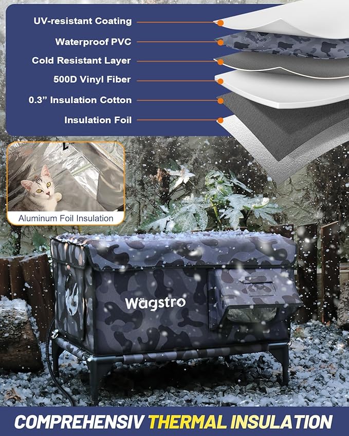Heated Cat House for Outside, Insulated Weatherproof Heated Outdoor Cat House with Waterproof Eaves & Escape Door, Elevated Outdoor Cat Shelter for Feral Stray Cat (Black Camo, 25.6"x17"x18")