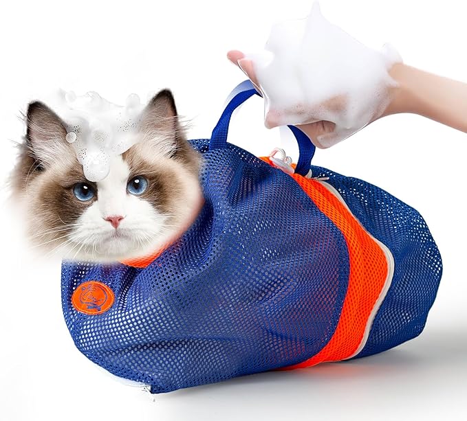 Cinf Cat Bathing Bag, Breathable Mesh Anti Scratch Adjustable Cat Grooming Bag for Nail Trimming, Bathing Soft Cat Washing Bag(Orange Blue) L