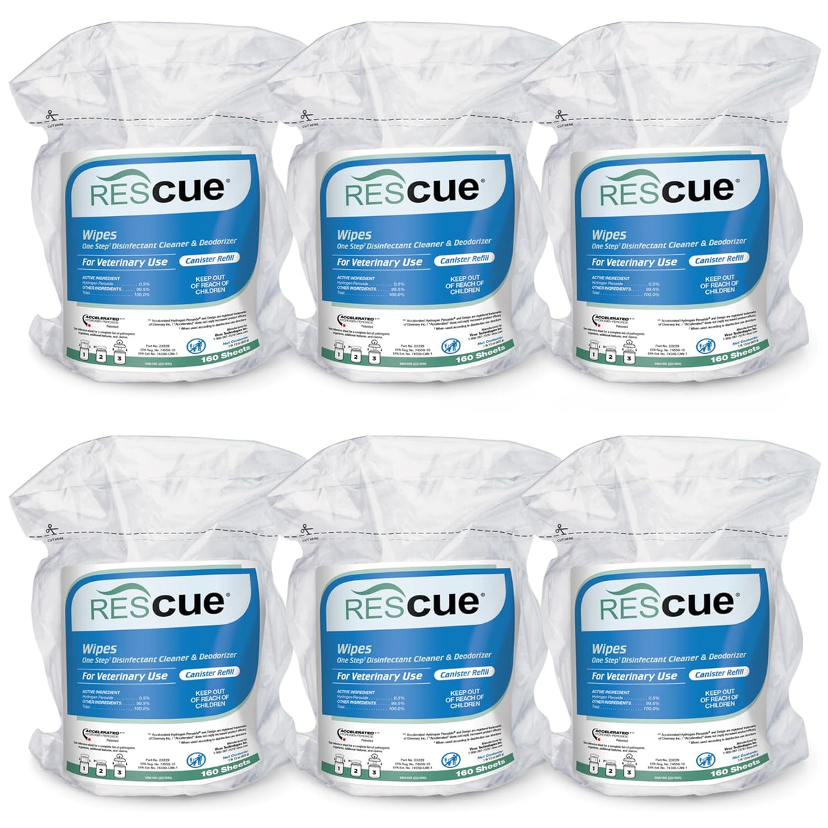 REScue One-Step Disinfectant Cleaner & Deodorizer Wipes for Vet Use – Cleaner for Kennels, Litter Boxes, Vet Offices, Pet Grooming Surfaces, Pet Boarding – Wipes Canister Refill, 160 Count (6 Pack)