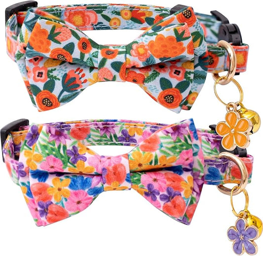 Faygarsle 2 Pack Cat Collar with Bell Breakaway Bowtie for Male Female Cats Pink Purple Flower Floral Spring Summer Cat Collar for Boy Girl Cats