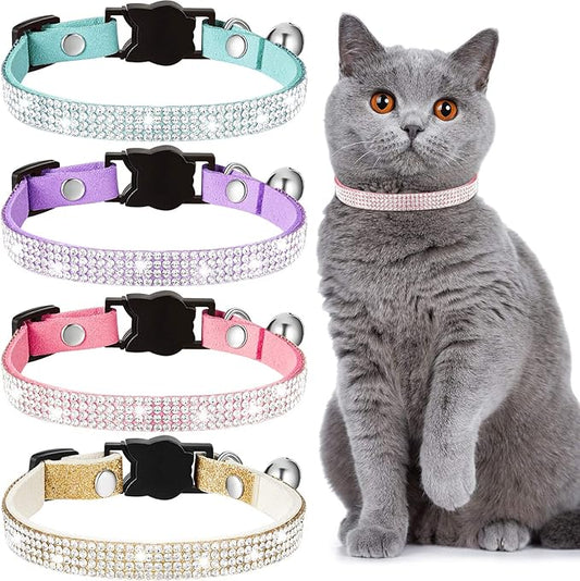 Weewooday 4 Pieces Rhinestones Cat Collars Breakaway Cat Collar with Bell Bling Pet Accessories with Soft Velvet, 4 Colors(S,Purple, Blue, Gold, Pink)