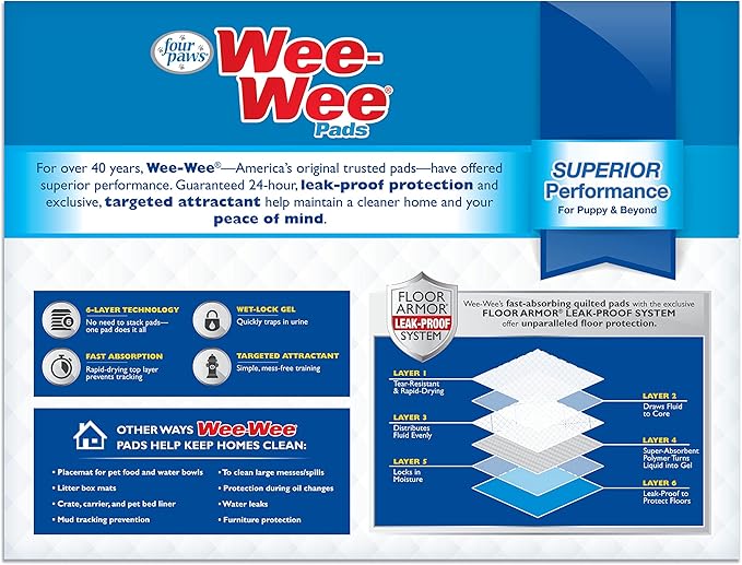 Four Paws Wee-Wee Superior Performance Unscented Pee Pads for Dogs & Puppies, Quilted Leak-Proof Dog Housebreaking Potty Training Floor Protection, 22" x 23", 150 Count