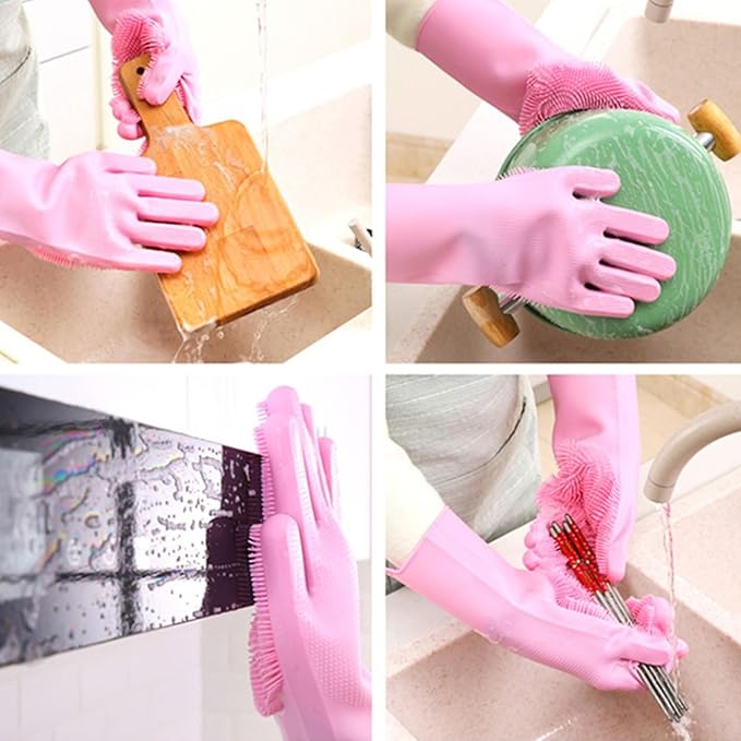 Pet Grooming Gloves，Heat-Resistant Silicone Gloves with High-Density Teeth for Enhanced Massaging and Bathing of Dogs and Cats (Pink, 1 Pair)