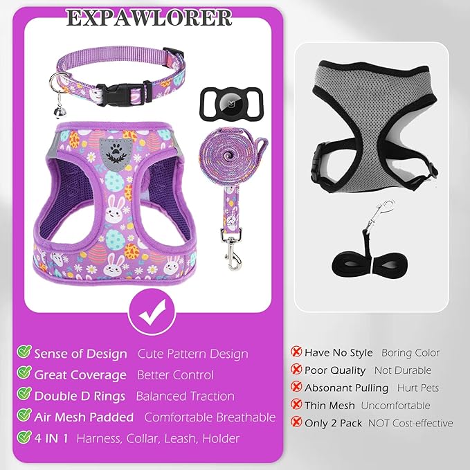 EXPAWLORER Easter Small Dog Harness - Dog Collar and Leash Set - Soft Mesh Padded Adjustable Step in Puppy Vest Harness No Pull, Reflective Escape Proof for Outdoor Walking, Bunny Egg M