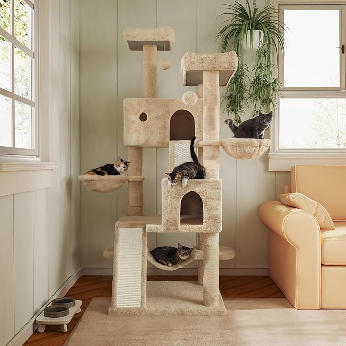 MUTICOR 66 Inches Multi-Level Large Cat Tree Tower for Indoor Big Feline/Cozy Plush Perches/Condo/Sisal Scratching Posts/Hammock and Baskets/Activity Center Play House/Wide Base/Beige