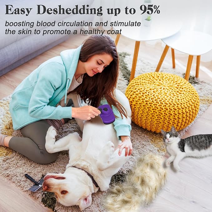 Self Cleaning Cat & Dog Grooming Brush - Skin Friendly Deshedding Hair Brush for Haired Dogs & Puppies, Purple