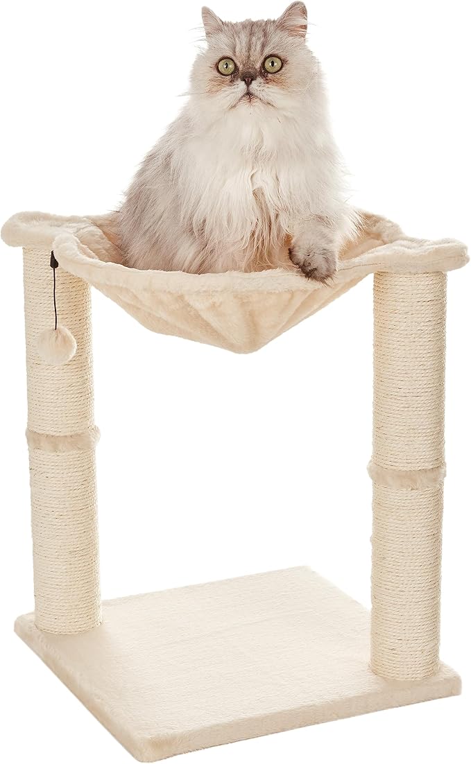 Amazon Basics Cat Condo Tower with Hammock Bed and Scratching Post,Easy to Assemble,Plush Hammock,Interactive Hanging Ball,Durable Sisal Scratch Posts for Indoor Cats, 15.8 x 15.8 x 19.7 Inches, Beige