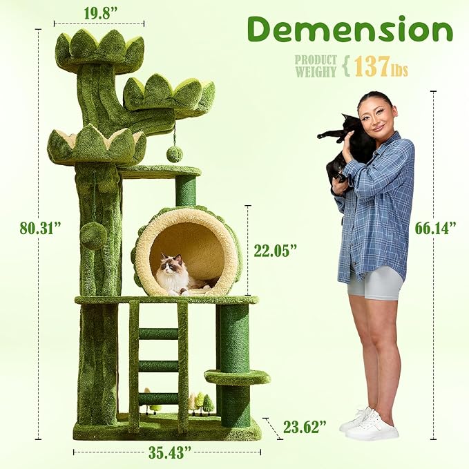 80.3'' Modern Cat Tree, Tall Cat Tower for Indoor Cats Adults, Luxury Climb Tower with Scratching Post, Heavy Duty Cat Condo with Ladder, Toys, Double Sided Mat, Lotus Perch for Multi-Cat Families