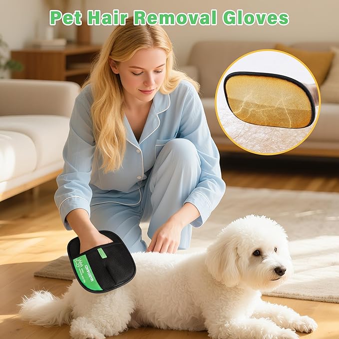 Pet-Hair-Removal-Glove 2Pcs, Double-Sided-Pet-Grooming-Glove Reusable Cat & Dog Hair Remover Mitt for Couch,Furniture,Carpet, Car Seat Electrostatic-Pet-Hair-Remover Efficient Pet-Hair-Cleaning-Glove