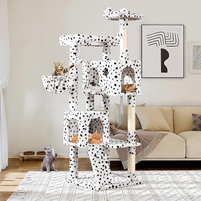 Allewie 64 Inches Cat Tree Tower/Multi-Level Activity Center for Indoor Big Felines/2 Plush Condos/2 Perchs/Basket/House/Sisal Scratching Posts/Hanging Cat Toys/White & Black Spot