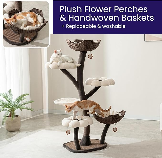 Catry Blossom 59" Flower Cat Tree with Replaceable Flower Perches and Scratching Posts, Handwoven Baskets with Washable Beds, Durable Iron Frame for Large & Multi-Cat Homes