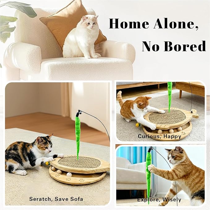 Cat Scratcher with Natural Sisal Pad, 3-in-1 Cat Scratching Board, 2-Tier Kitten Toys with Wooden Ball Track & Swing Toys -No Assembly Cats Activity Center, for Indoor and Outdoor