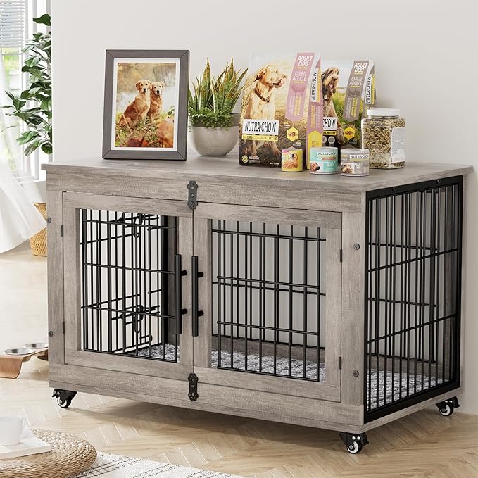 Lulive Large Dog Crate Furniture, 38'' Wooden Dog Crate End Table, Double Door Dog Kennel Indoor with Cushion & Wheels, Decorative Dog Cage House Chew-Resistant for Large/Medium, Grey