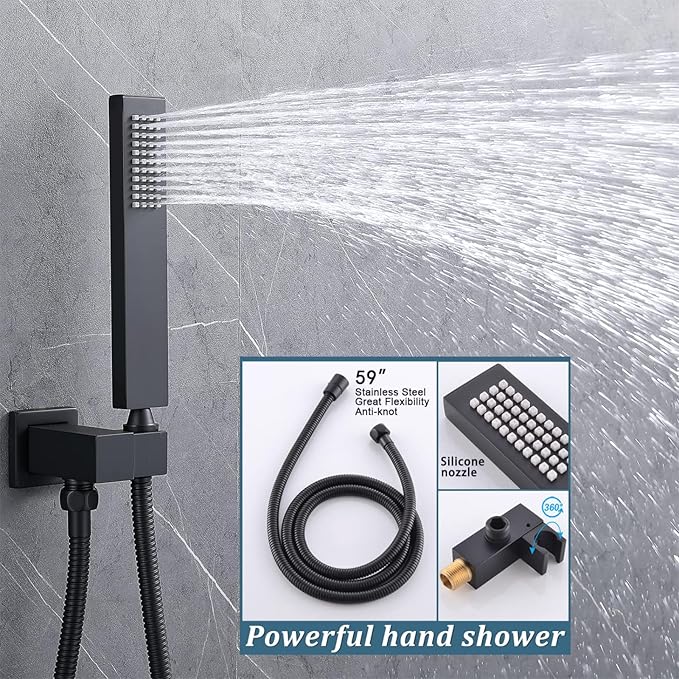 Matte Black Shower System Set Temperature Display Push Button Shower Faucet with 12 inch and 8 inch Wall Mount Full Body Shower Head and Handheld Shower