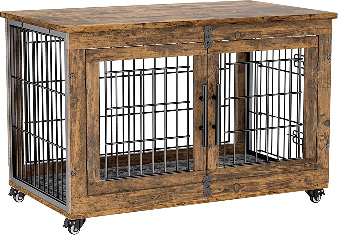 Lulive Dog Crate Furniture, Dog Kennel Indoor Double Doors Wooden Dog Cage, 38'' Heavy Duty Dog Crate with Cushion & Wheels, Decorative End Table Pet House Chew-Resistant for Large/Medium, Brown