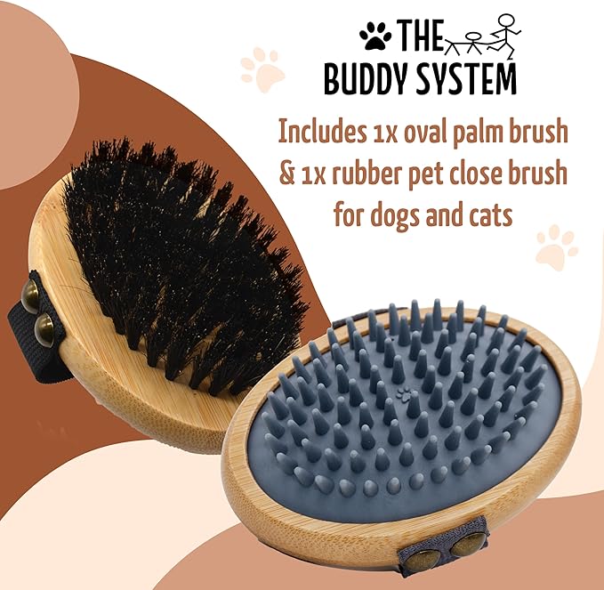 The Buddy System Pet Close Brush, Soft Touch Oval Palm Brush - Bamboo Massage Handheld with Soft Boar Bristles and Elastic Band for Dogs and Cats (2-pack, 1 Brush + 1 Rubber)