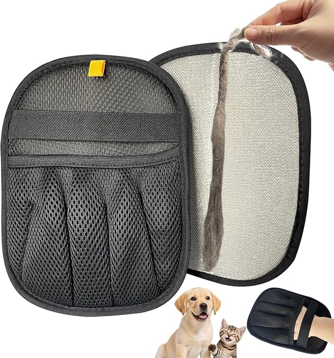 Pet Hair Remover Glove for Furniture, Reusable Dog and Cat Fur Removal Tool for Couch, 5-Finger Black, Lint Clean Glove for Carpet, Bedding, Clothes, Curtain, Pet Bed, Car Seats