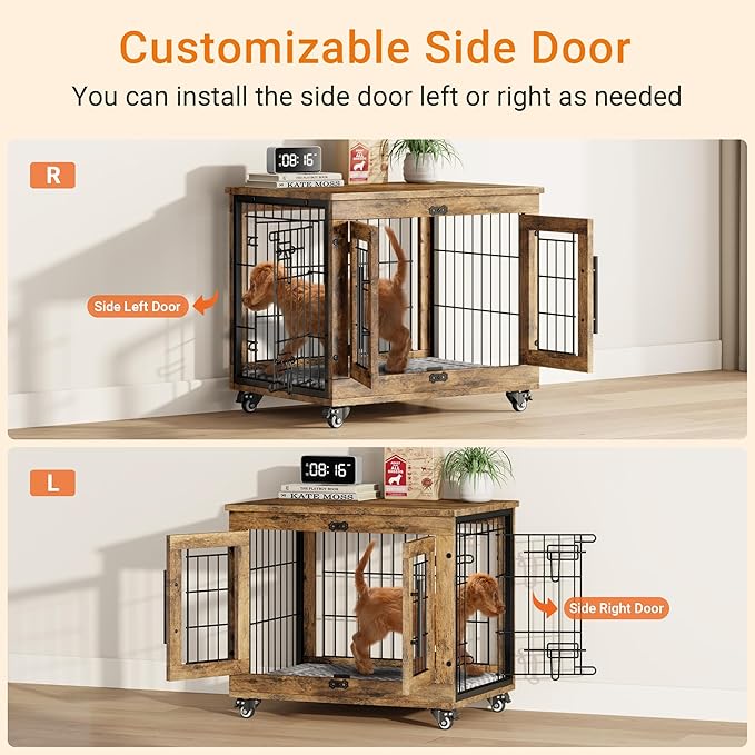 Lulive Small Dog Crate Furniture, Dog Kennel Indoor Double Doors Wooden Dog Cage, 27.1'' Heavy Duty Dog Crate with Cushion & Wheels, Decorative End Table Pet House Chew-Resistant for Small Dogs, Brown