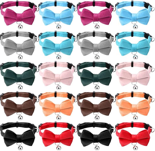 20 Pcs Cat Bowtie Collars with Bell, Solid Colors Kitten Bow Breakaway Cat Bowtie for Boys Girls, Adjustable Pet Collar with Safety Buckle Kitten Puppy Pet Accessories