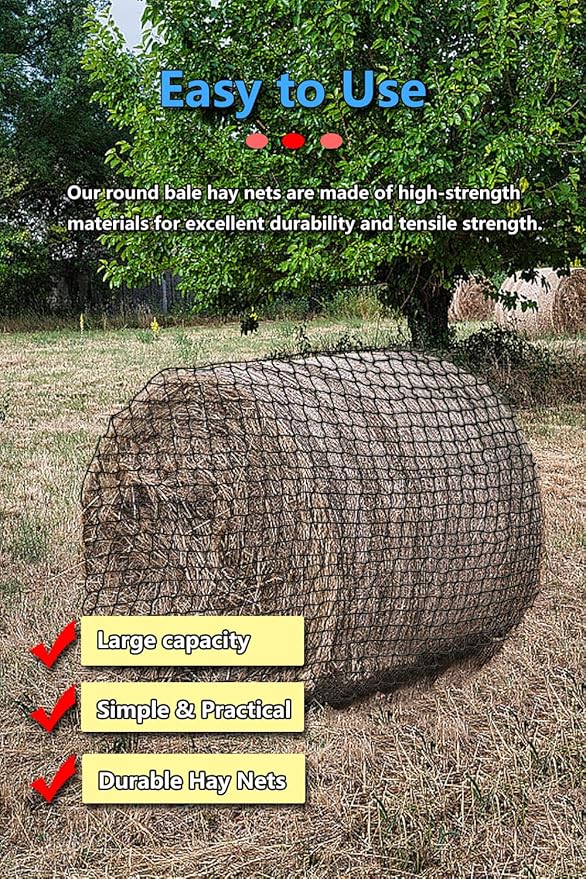 7 * 7ft Heavy Duty Slow Feeding Horse Hay Net - 1.75-inch knotless Design Saves 60% hay, 800 lbs Weatherproof Round Bale Feeder for Cattle/Goats/Sheep (7ft)
