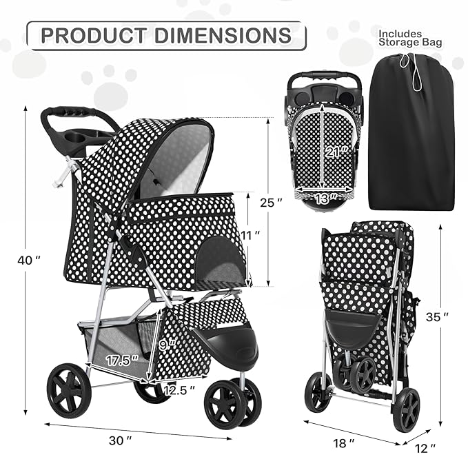 MoNiBloom 3 Wheels Pet Dog Cat Stroller for Small Medium Dogs Cats, Foldable Jogger Stroller w/Storage Basket and Cup Holder, Black Polka Dots