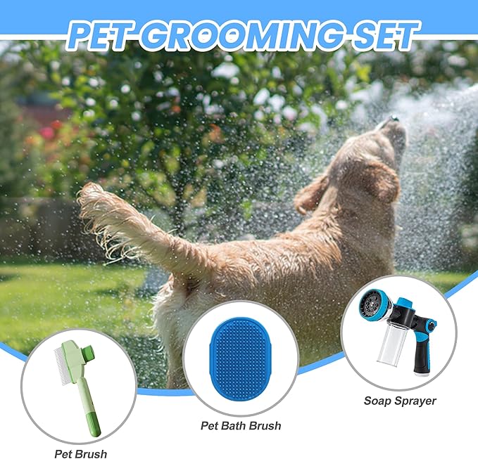 Dog Wash Hose Attachment, 10-in-1 Spray Mode Pet Shower Soap Sprayer with Grooming Comb Rubber Brush, Hose Nozzle with 100cc Soap Dispenser, for Watering, Car Wash, Dog and Horse Showering (Blue)