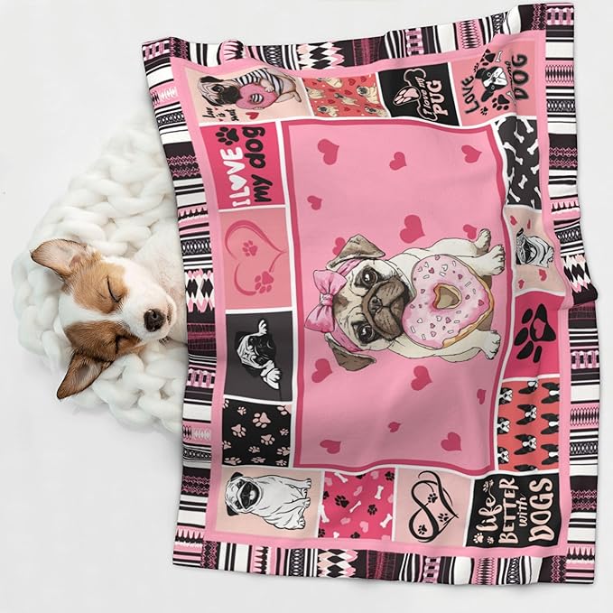 Pug Blanket for Dog - Pink Paw Print Throw Blanket 30x20 Pet Blanket for Couch Sofa Bed