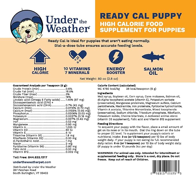 Under the Weather Pet | Ready Cal for Puppies 80cc | High Calorie Puppy Nutritional Supplement | Puppy Weight Gainer and High Calorie Booster | 10 Vitamins, 7 Minerals & Omega Fatty Acids
