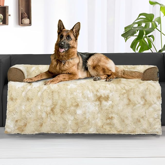 Calming Extra Large Dog Couch Bed, 45 x 37 inch Waterproof Removable Pet Mat Couch Cover for Furniture Protector, Non-Slip Fluffy Pelsbarn Dog Bed for Couch, Sofa, Car - Tie-Dye Khaki