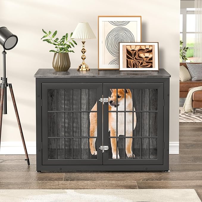 38" Heavy Duty Dog Crate Furniture for Large and Medium Dogs,Wooden Metal Kennel for High Anxiety Dogs, Chew Proof Pet Cage Indoor, Decorative Dog Kennel End Table