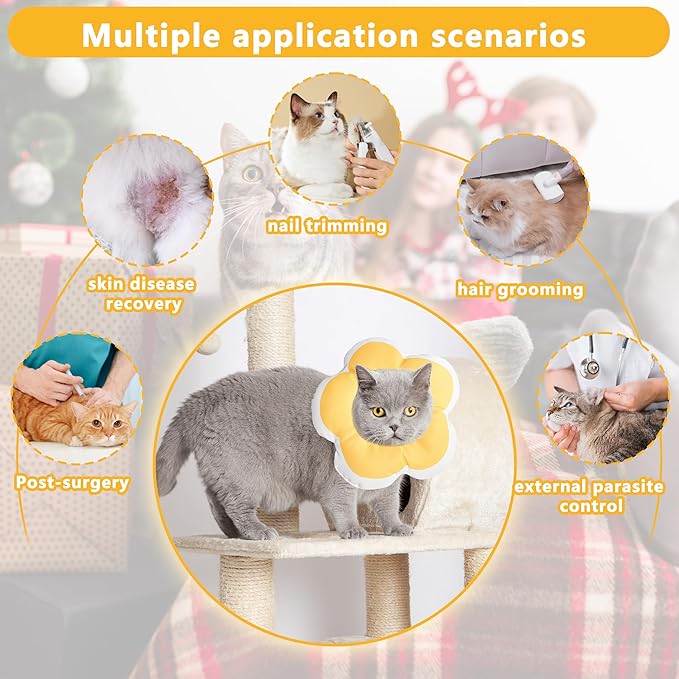 Cat Cone Collar Soft, Waterproof Cats Cones to Stop Licking After Surgery, Adjustable Soft Elizabeth Cats Collars for Wound Healing, Flower Shape Cat Recovery Collar (Yellow, Large)
