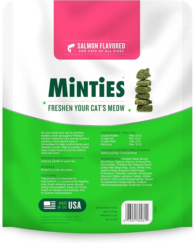 Minties Dental Treats for Cats, Salmon Flavored Treats for Cats, Freshens Breath and Controls Tartar, 10oz