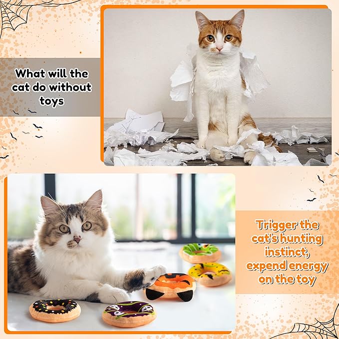 L1rabe Halloween Donut Catnip Stuffed Toys - 5 Funny Pumpkin Bat Spider Dessert Cat Toys Pet Supplies, Indoor Cats Chew Bite Teething Tools Kittens Catmint Birthday Interactive Supplies