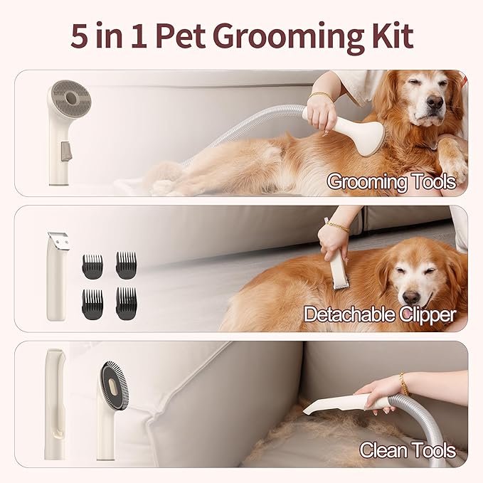 Dog Grooming Vacuum Kit, 2.5L Large Capacity, Dogs & Cats Vacuum for Shedding, 4 Pet Grooming Tools, Low Noise, Dog Nail Clipper as A Gift