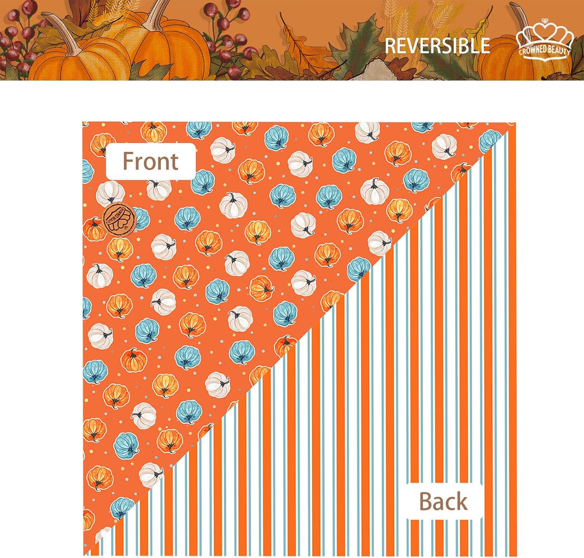 CROWNED BEAUTY Fall Dog Bandanas Reversible Large 2 Pack, Leaves Pumpkin Charm Set, Blue Orange Adjustable Triangle Holiday Scarves for Medium Large Extra Large Dogs Boy Girl Pets DB186-L