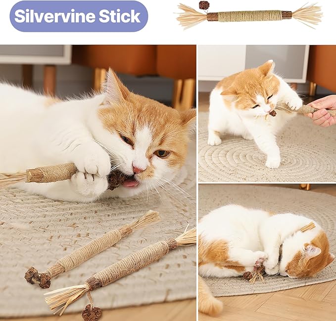 Cat Toys for Indoor Cats-7 Pieces Emrichment with Speedy Tail Moving Ball,Chirping Bird,Silvervine Sticks,Chew Rope,2 Cat Ball Toy,Hanging Caterpillar,Interactive Cat Toys for Bored Indoor Adult Cats