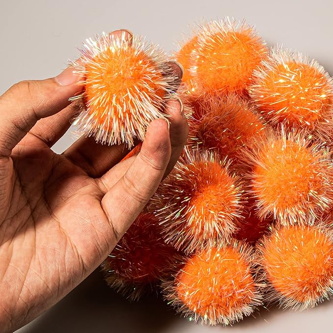 VAPKER 30 Pcs Cat Ball Toys Sparkle Balls Extra Large 2 Inch Cat's Favorite Chase Glitter Ball Glitter Tinsel Pom Poms Balls Orange Color