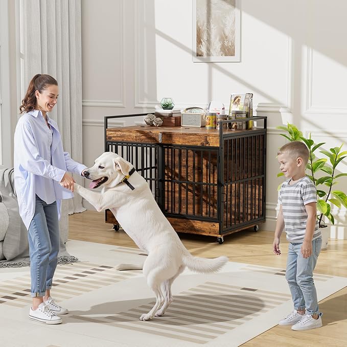 Dog Crate Furniture Large Breed with 2 Stainless Steel Bowls, Large Wooden Dog Crate Table, Escape-Proof & Chew-Proof XL Furniture, Decorate House As TV Stand, End Table, 45" L X 30" W 37" H