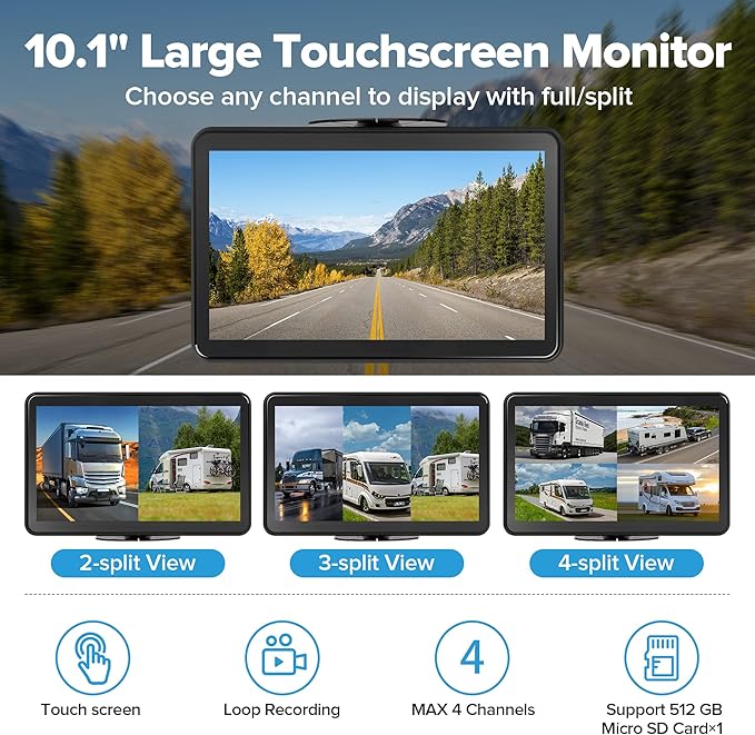 4CH 10.1 inch AI WiFi GPS RV Backup Camera Monitor System with Touch Screen and 4x1080P Waterproof Night Vision Cameras, Blind Spot Detection DVR Video Recorder for Truck Trailer Semi Camper Van Taxi