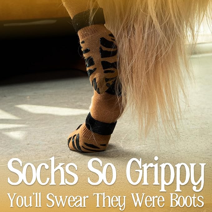 DOK TigerToes Premium Non-Slip Dog Socks for Hardwood Floors - Extra-Thick Grip That Works Even When Twisted - Prevents Licking, Slipping, and Great for Dog Paw Protection (XXL, Cool Caramel)