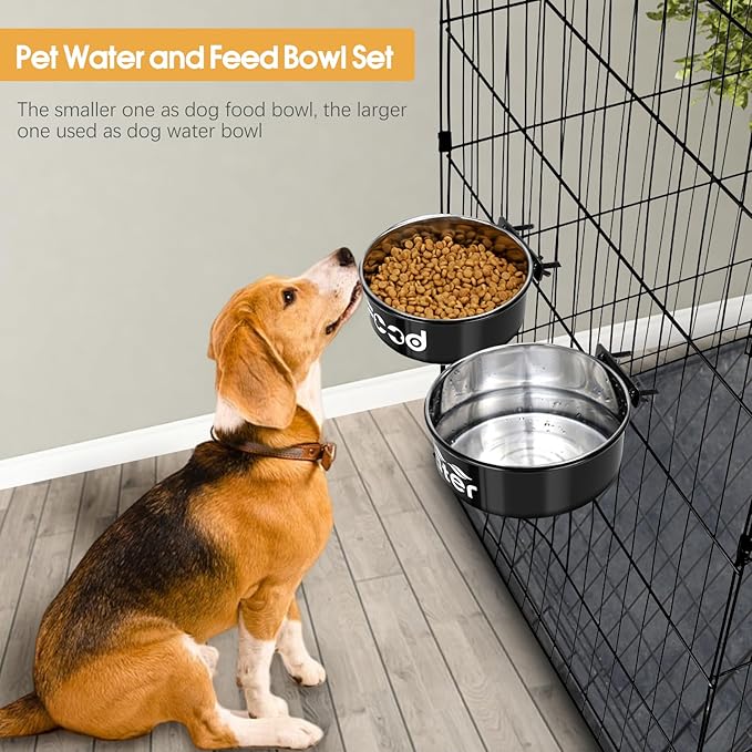 2 Pcs Large Pet Dog Food and Water Bowl Set for Cage, Stainless Steel Non-Spill Kennel Hanging Cats Pets Bowls Crate Feeder Dish with Clamp Holder for Medium Large Dogs Pets (6.3x2.3'' & 7.1x2.5'')
