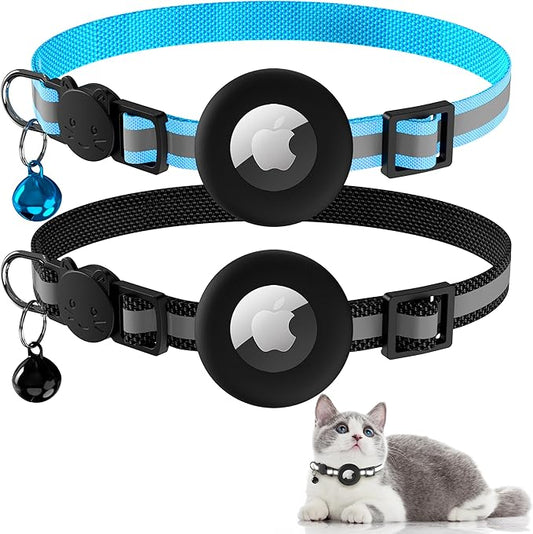Vanjua 2 Pack Airtag Cat Collar Breakaway with Bell, Reflective Kitten Collar with Air Tag Cat Collar Holder Case for Girl Boy Cats, Pet Supplies Accessories (Black A+Blue A)
